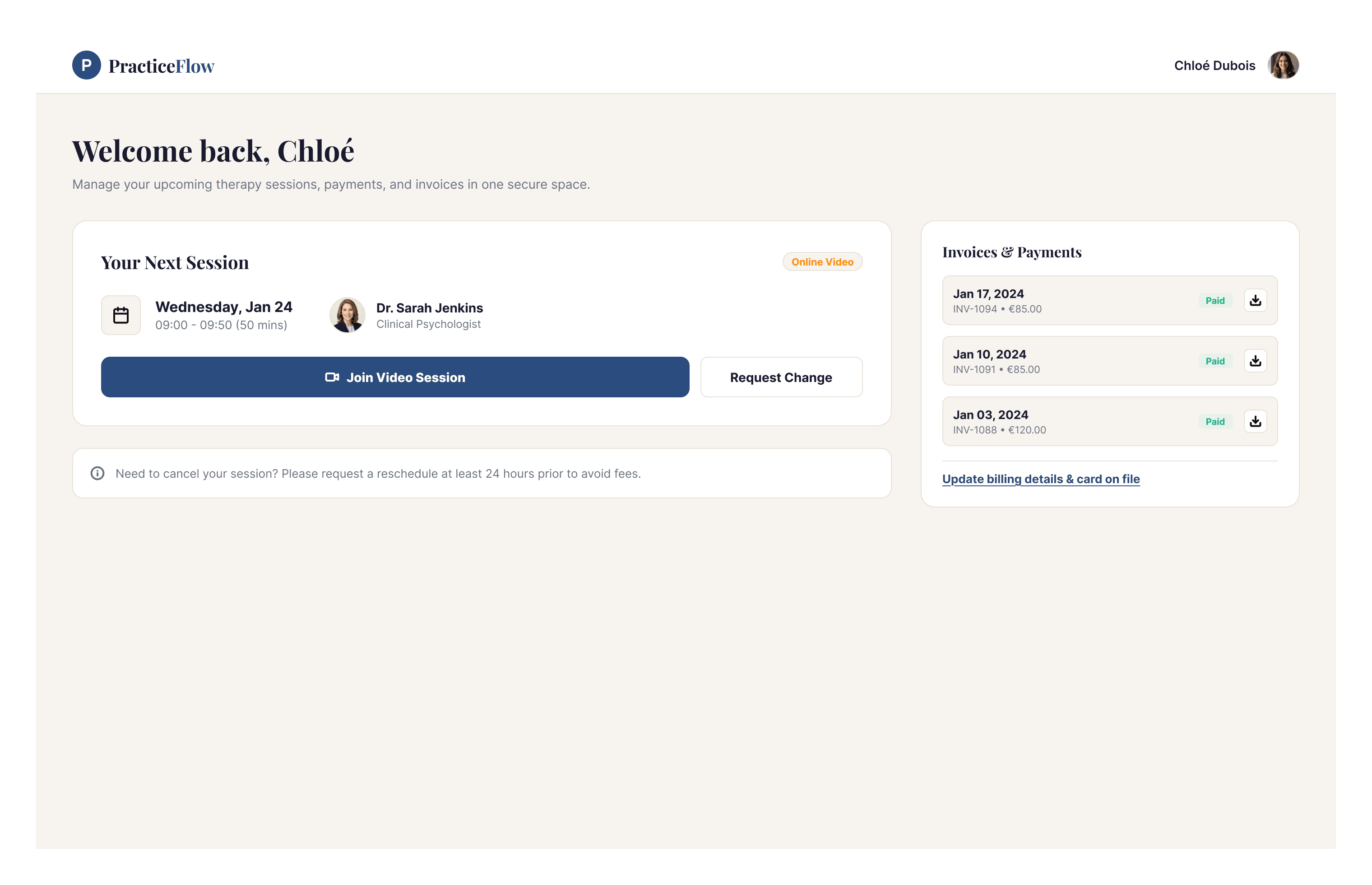 The client-facing PracticeFlow portal