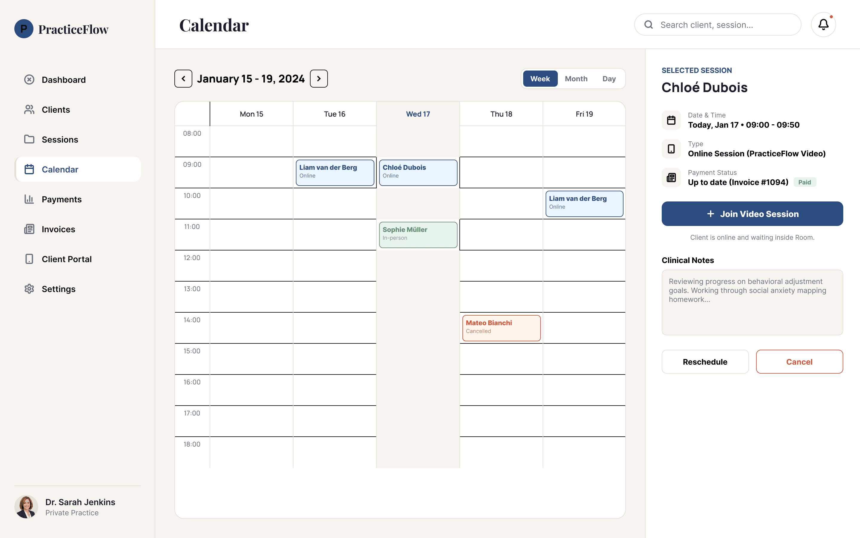 The PracticeFlow scheduling calendar