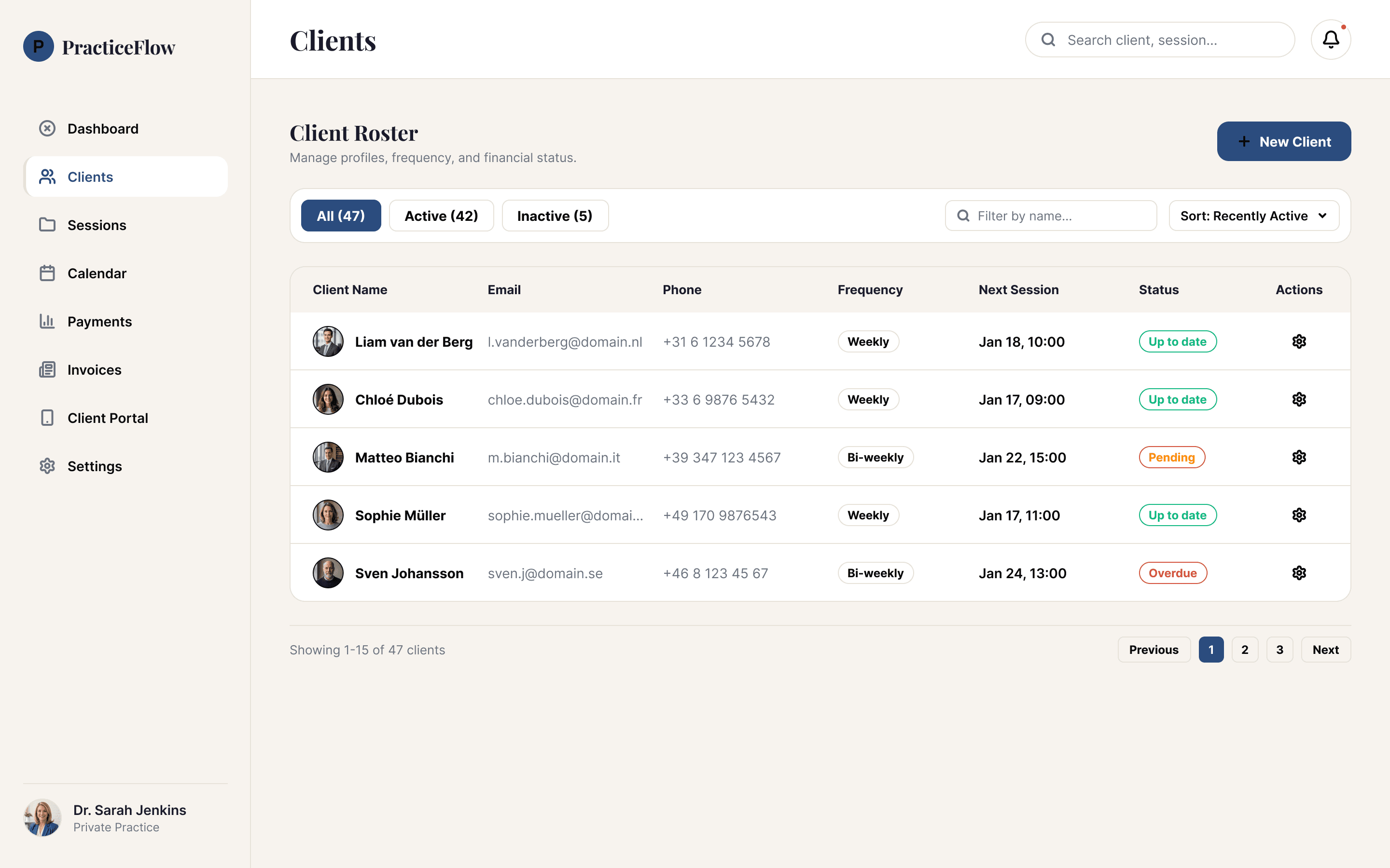 PracticeFlow client roster with billing status labels