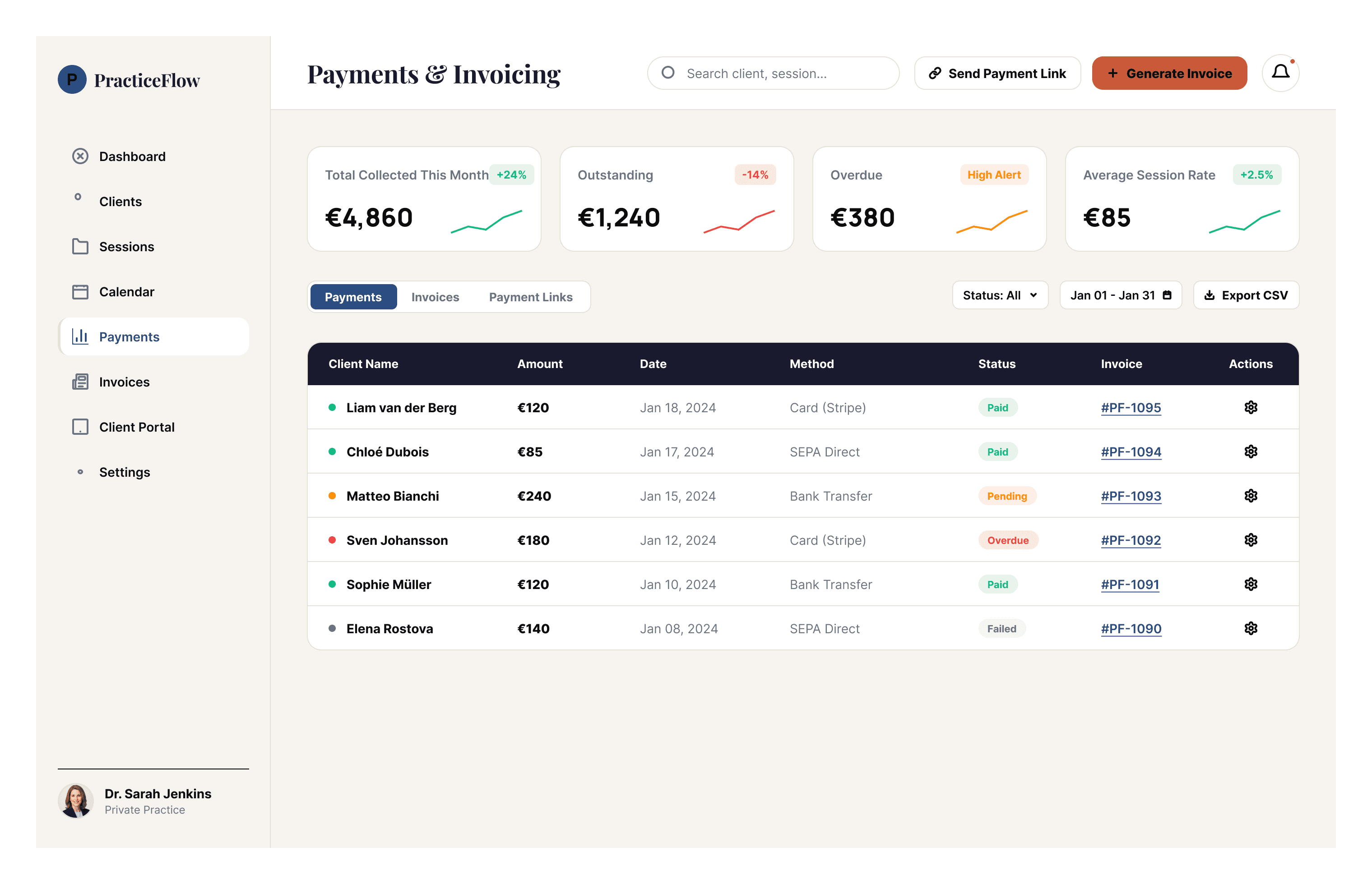 PracticeFlow payments dashboard with automated invoices